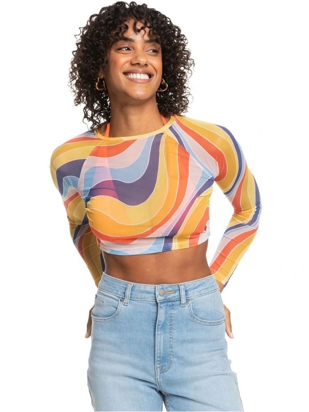 Y2K Retro Roxy Just A Friend Long Sleeve Mesh Crop Top in Tiger Lily Cruz color